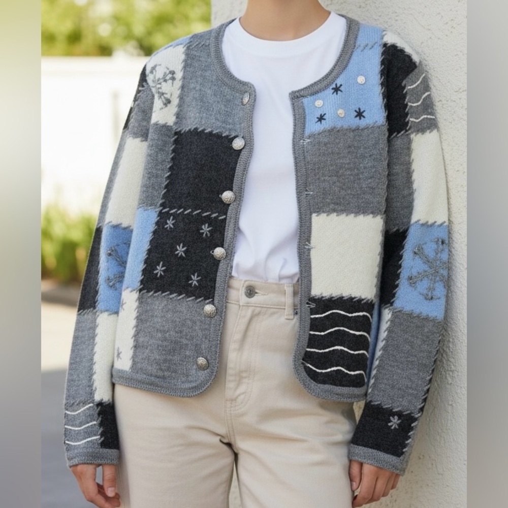 Tally Ho Gray and Blue Wool Winter Cardigan Size‎ Large